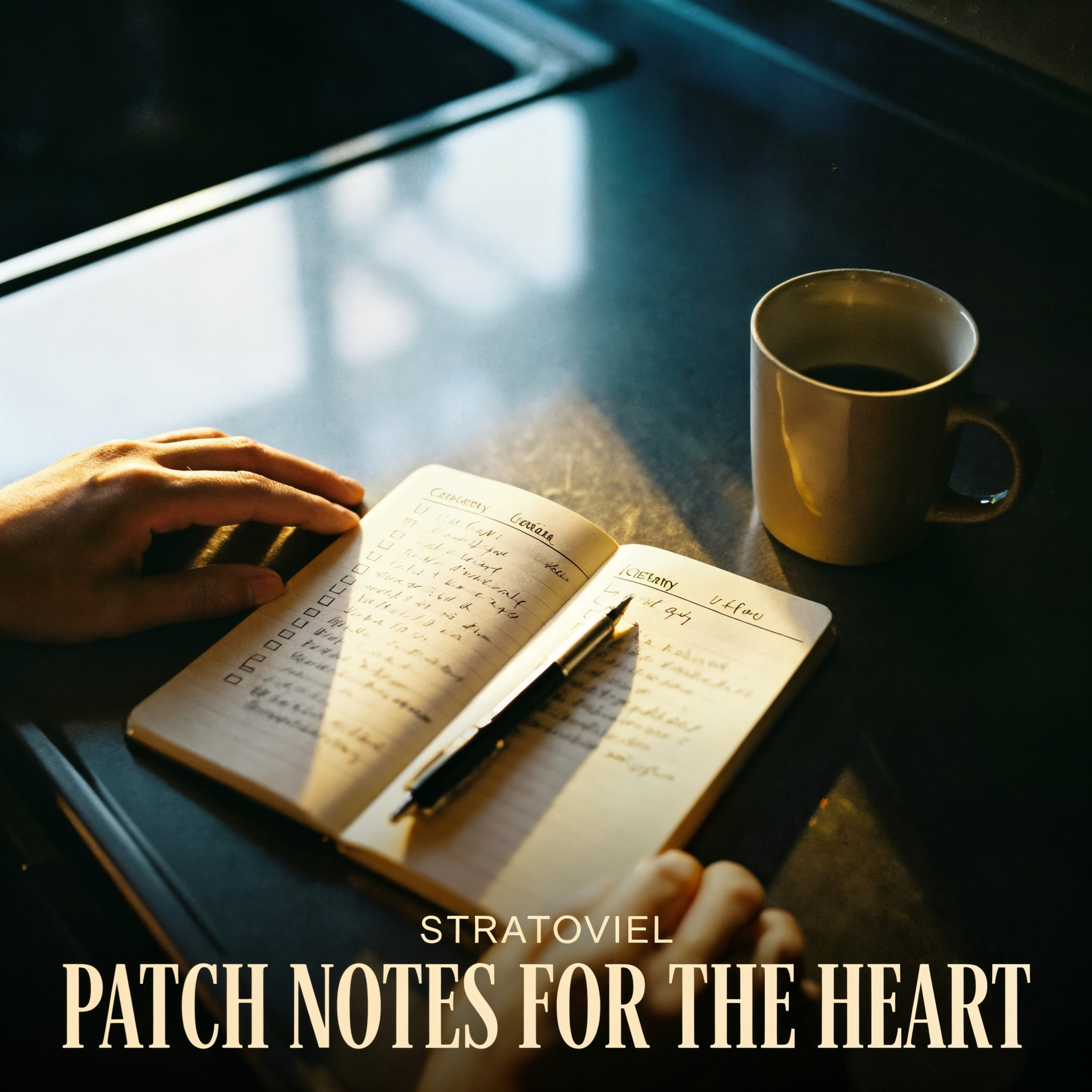 Cover art: a first-person view of hands at a small open notebook on a kitchen table in warm morning light.